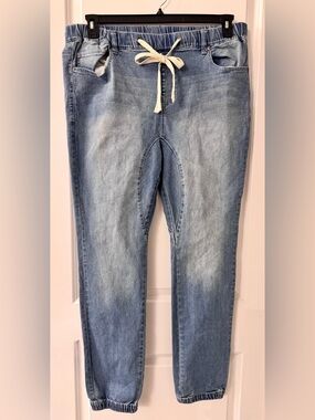 #2740 - Victorious Stretch Waist Drawstring Light Indigo Blue Wash Denim Jogger